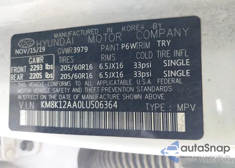 2020 Hyundai Kona Se z USA, uszkodzony, nr VIN KM8K12AA0LU506364